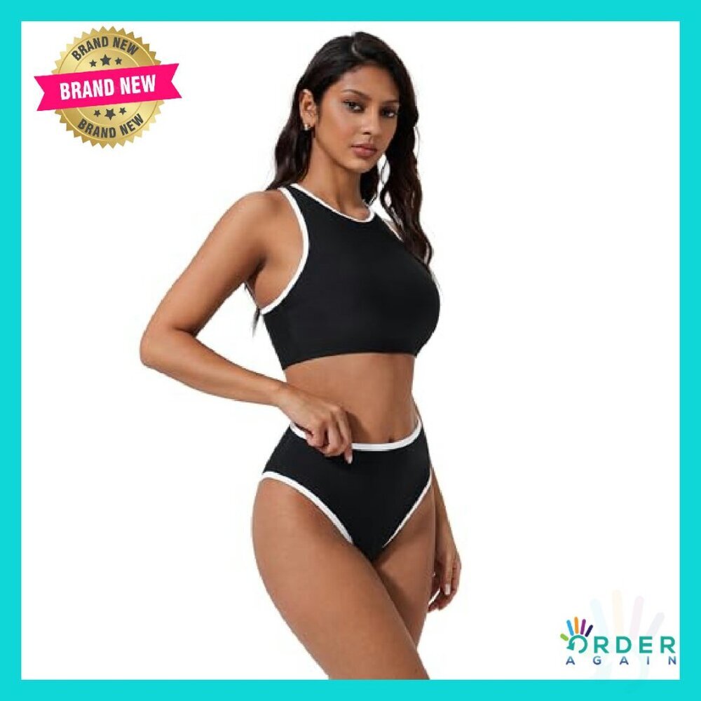 High Waisted Retro Sporty Bikini Set Adjustable Straps Removable Padding - Picture 6 of 8
